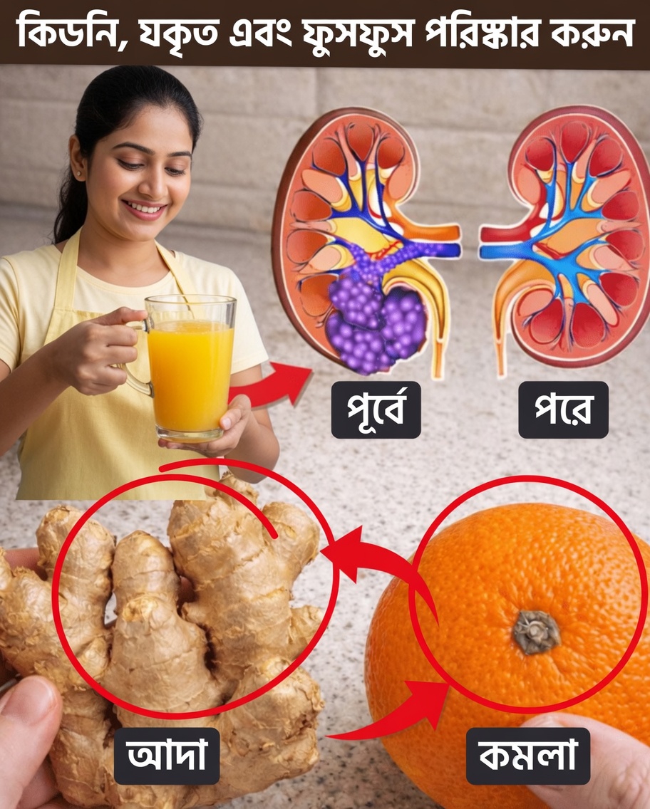 কিডনি, লিভার ও ফুসফুসের স্বাস্থ্য প্রাকৃতিকভাবে সমর্থন করতে আদা ও কমলার সহজ দৈনন্দিন পানীয়ের রেসিপি