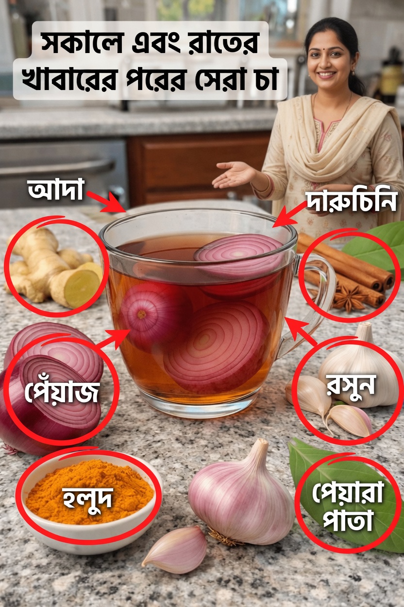 আদা, হলুদ, পেঁয়াজ, রসুন, দারুচিনি ও পেয়ারা পাতাসহ সকালের ও রাতের খাবারের পরের চায়ের রেসিপি