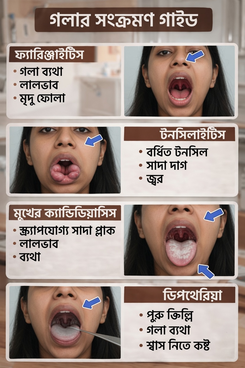 গলার সংক্রমণের বিভিন্ন ধরন কী এবং প্রাথমিক লক্ষণগুলো কীভাবে দ্রুত শনাক্ত করবেন?