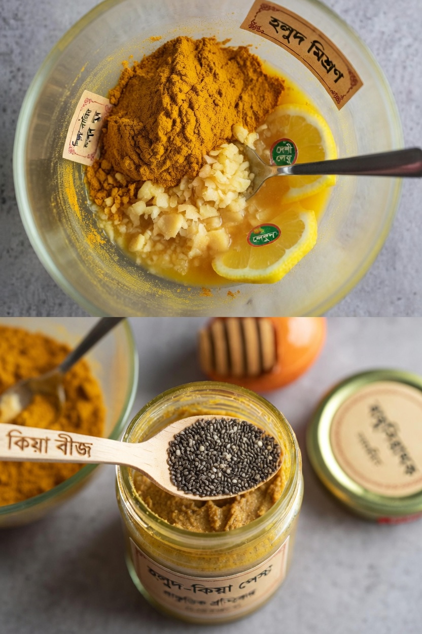 হলুদ, আদা, লেবু, মধু ও চিয়া বীজের দুই টেবিলচামচ দিয়ে তৈরি এই জনপ্রিয় সকালের মিশ্রণটি আবিষ্কার করুন