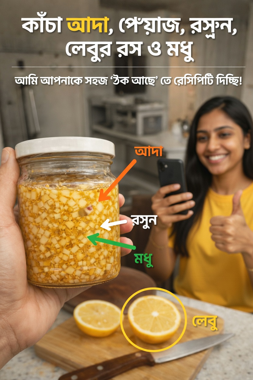 বাড়িতে কুচানো আদা, পেঁয়াজ, রসুন, লেবুর রস ও মধুর মিশ্রণ প্রস্তুত করার সহজ নির্দেশিকা