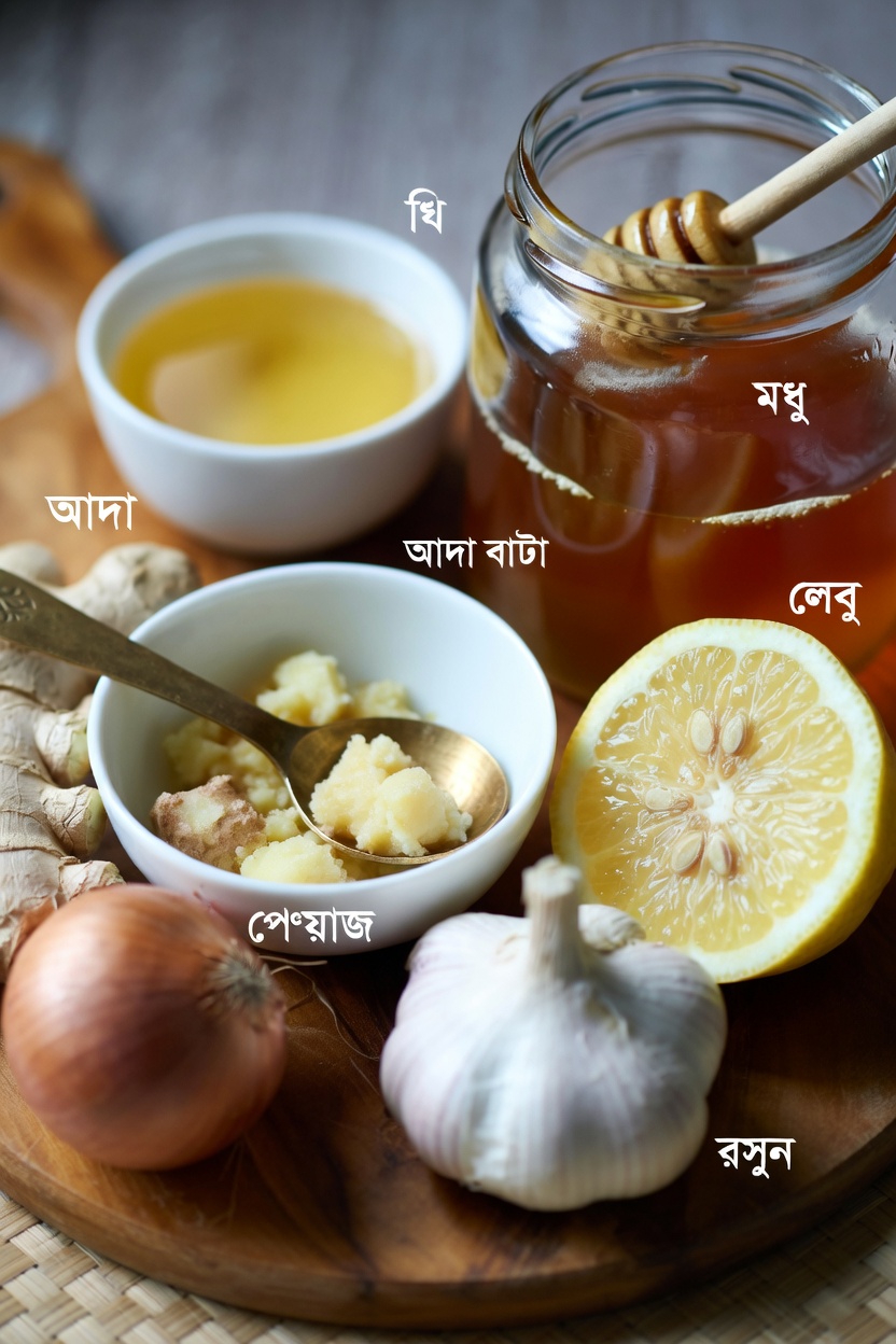 বাড়িতে কুচানো আদা, পেঁয়াজ, রসুন, লেবুর রস ও মধুর মিশ্রণ প্রস্তুত করার সহজ নির্দেশিকা